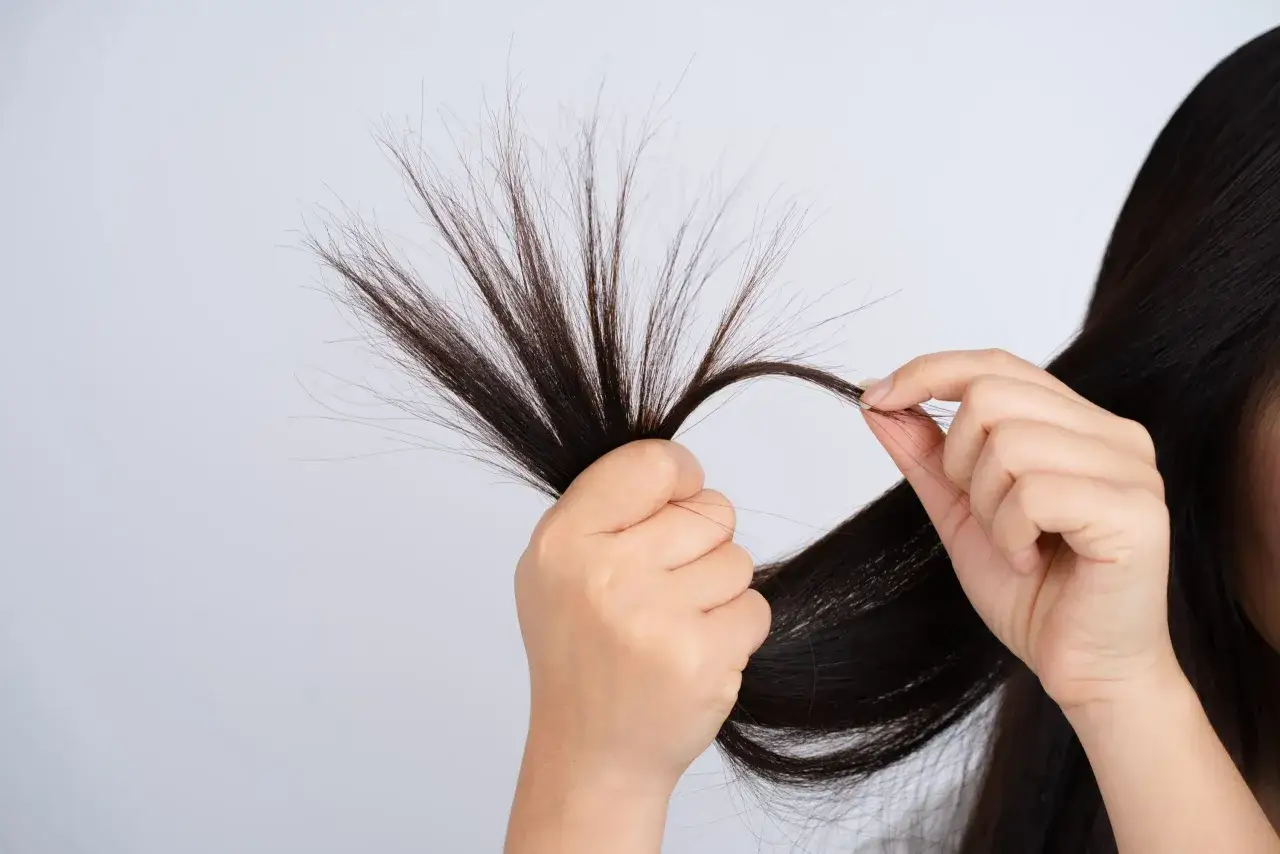 Mani che esaminano ciocche di capelli scuri, mostrando le doppie punte.