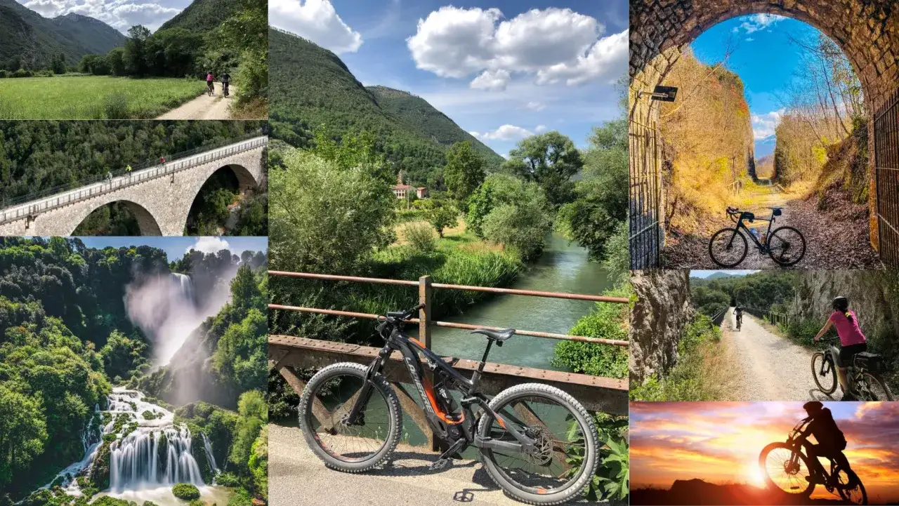 Ciclisti esplorano il **Spoleto Norcia trail**: cascate, ponti storici, tunnel e panorami mozzafiato.