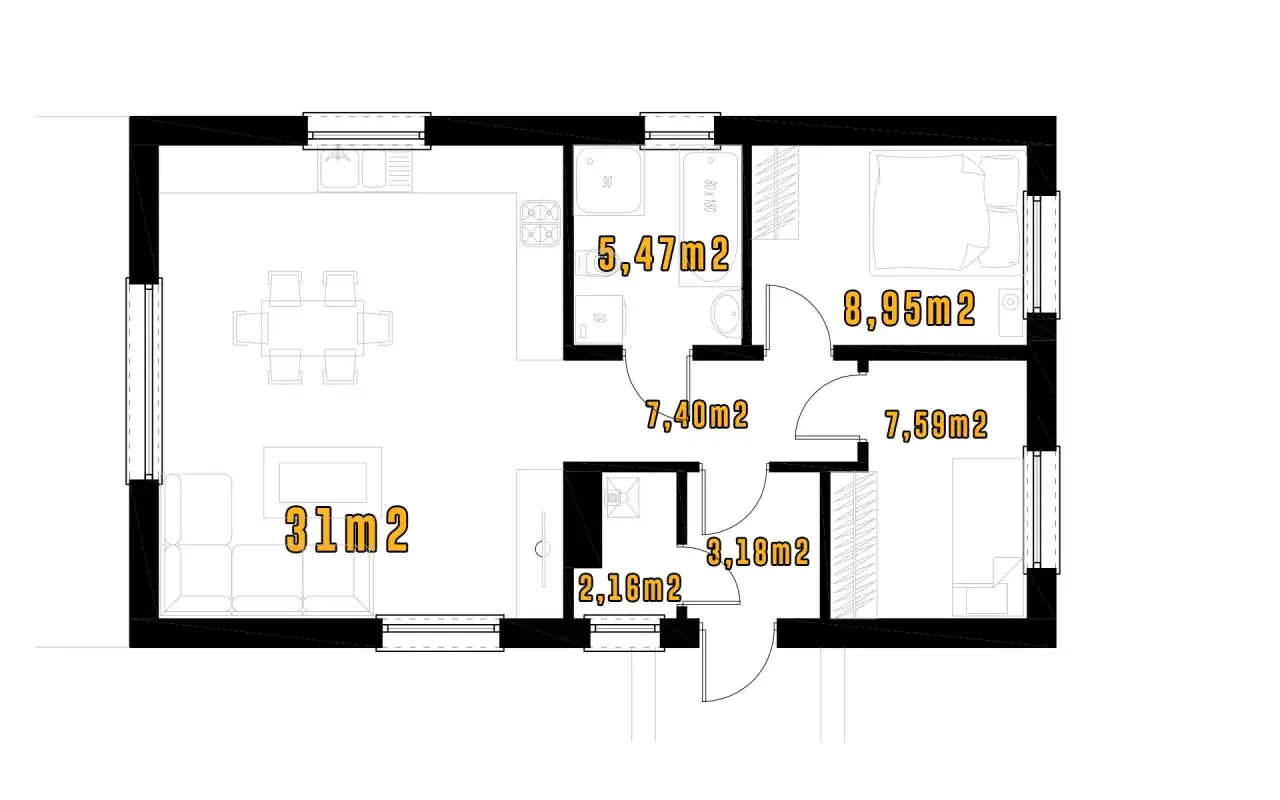 Rzut parteru domu bez pozwolenia 70m2 wymiary: salon 31m2, kuchnia 7,40m2, łazienka 5,47m2, sypialnia 8,95m2, pok&oacute;j 7,59m2, garderoba 3,18m2, wiatrołap 2,16m2.