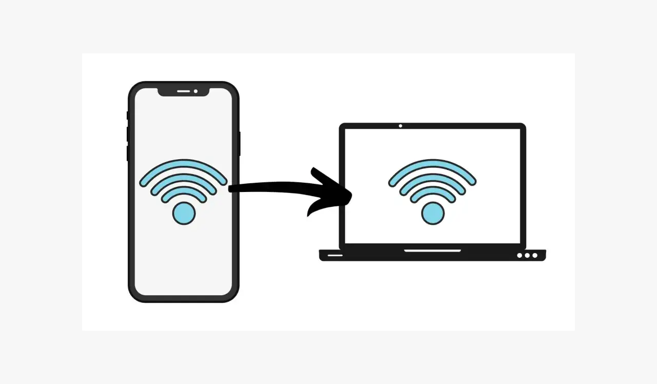 Telefon z ikoną Wi-Fi wysyła sygnał do laptopa, ale laptop nie widzi telefonu.