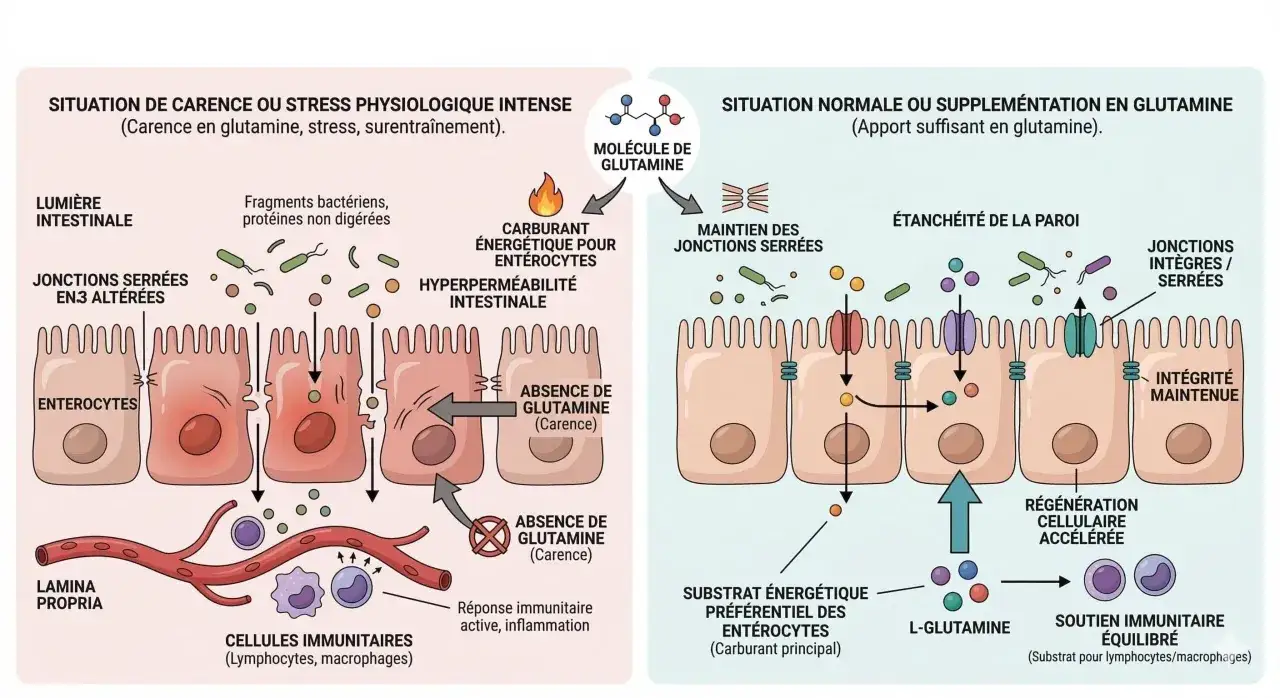 Schéma comparant l'intestin en carence de glutamine (hyperperméabilité, inflammation) et en situation normale ou supplémentée, montrant les bienfaits de la glutamine pour l'intégrité intestinale et le système immunitaire.