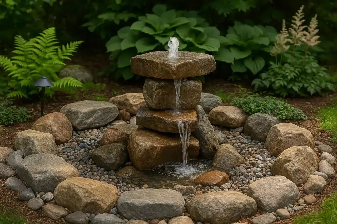 Ein **Gartenbrunnen selber bauen** ist mit dieser Steinpyramide und dem sanften Wasserfall im Gr&uuml;nen eine tolle Idee.