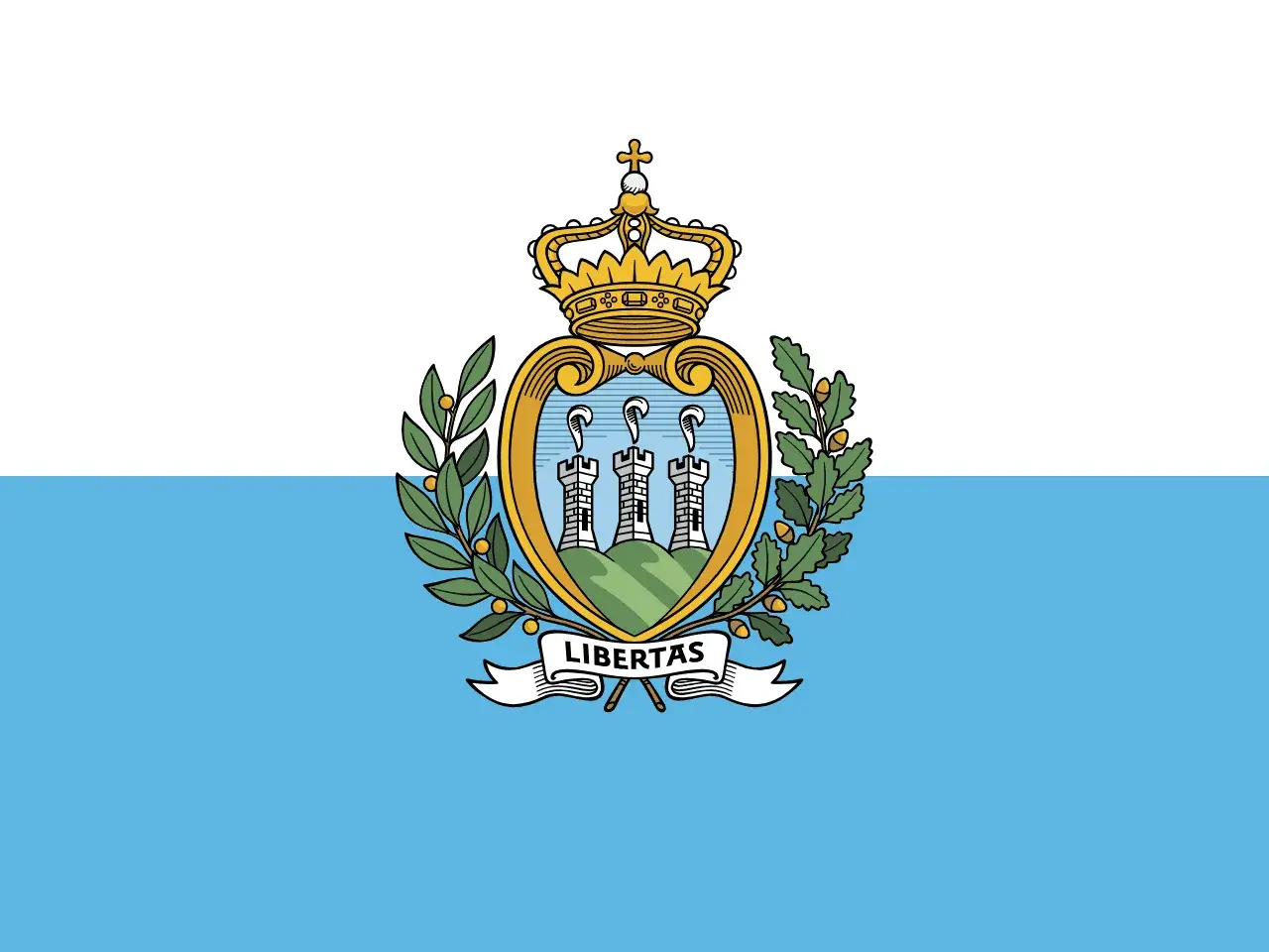 Flaga San Marino z herbem: trzy wieże na wzgórzu, korona, gałązki i wstęga z napisem LIBERTAS.