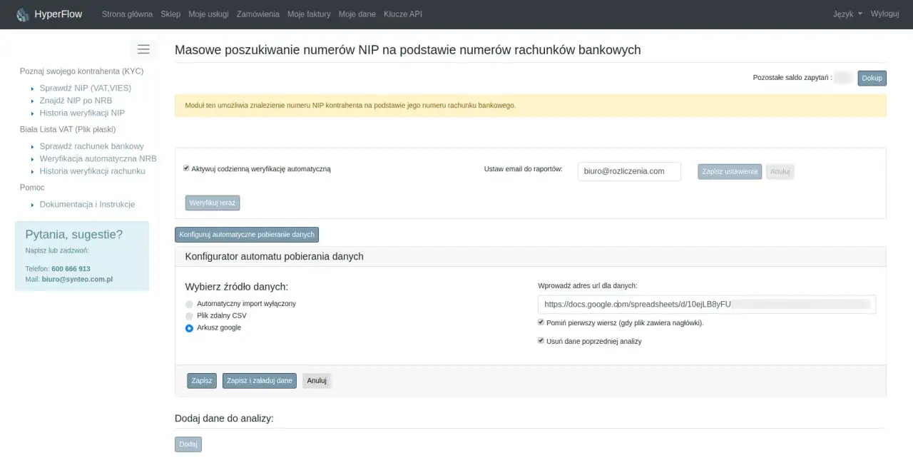 Konfiguracja masowego wyszukiwania NIP na podstawie numer&oacute;w rachunk&oacute;w bankowych. Ustawienia automatycznej weryfikacji i pobierania danych z Arkusza Google, kt&oacute;re pomogą w tworzeniu białej listy podatnik&oacute;w.