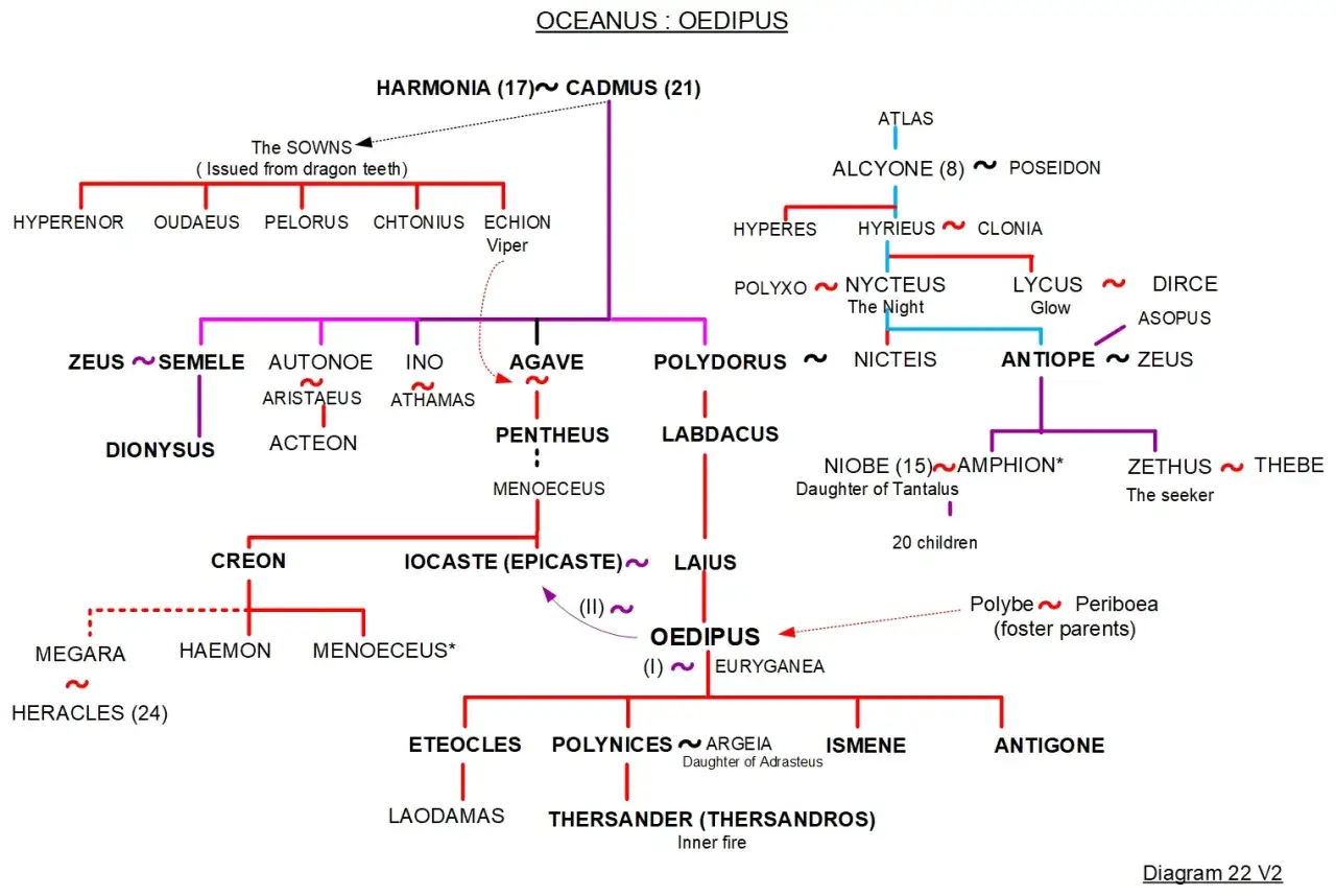 Arbre g&eacute;n&eacute;alogique montrant les parents et enfants d'&OElig;dipe, fils d'&OElig;dipe et Jocaste, et leurs liens familiaux.