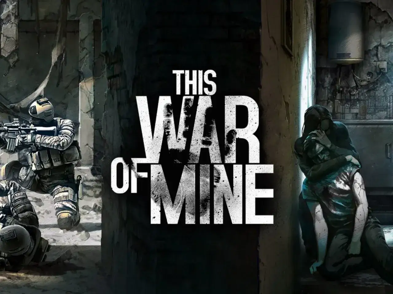 This War of Mine: lektura. Żołnierze w ruinach i osoba niosąca rannego.