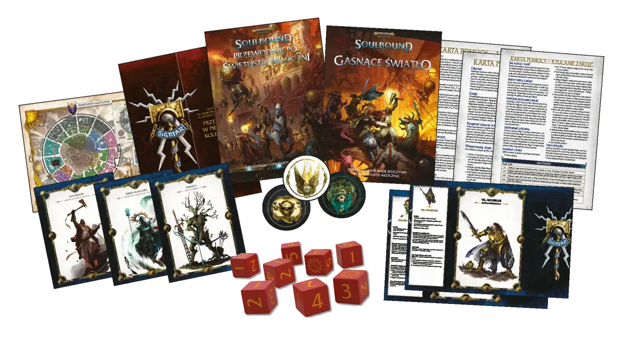 Warhammer zestaw startowy z podręcznikami, kartami postaci, mapą i kośćmi. Idealny dla początkujących graczy w świecie Soulbound.