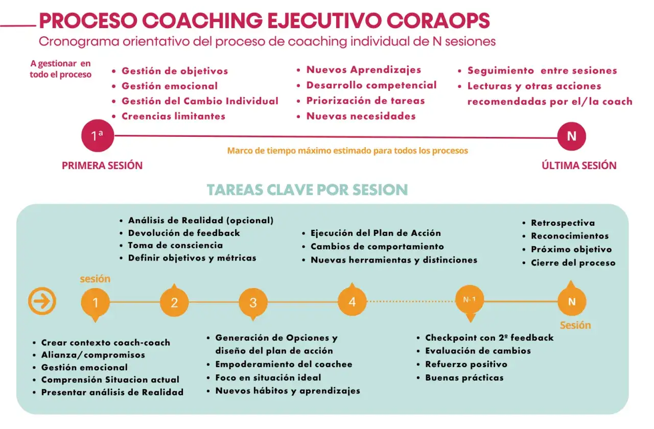 Cronograma de un proceso de **ceo coaching** con tareas clave por sesi&oacute;n, desde la primera hasta la &uacute;ltima.