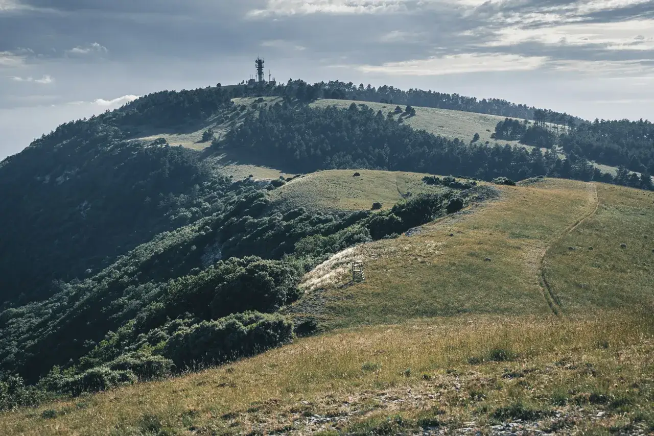 Vue panoramique d'une colline verdoyante avec une tour de télécommunication au sommet. Un sentier serpente à travers l'herbe dorée, menant vers le moure negre.
