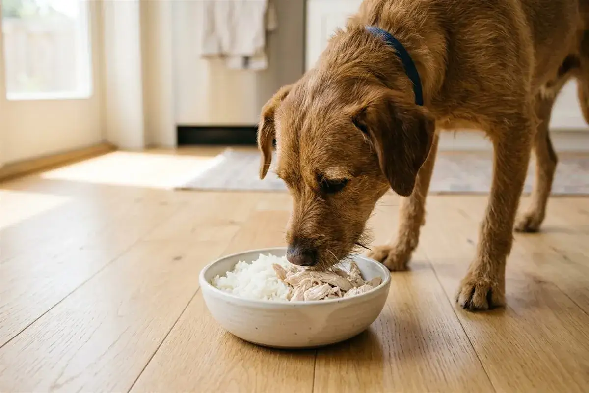 Un chien brun mange dans une gamelle. Un vétérinaire recommande Eukanuba pour une alimentation saine.