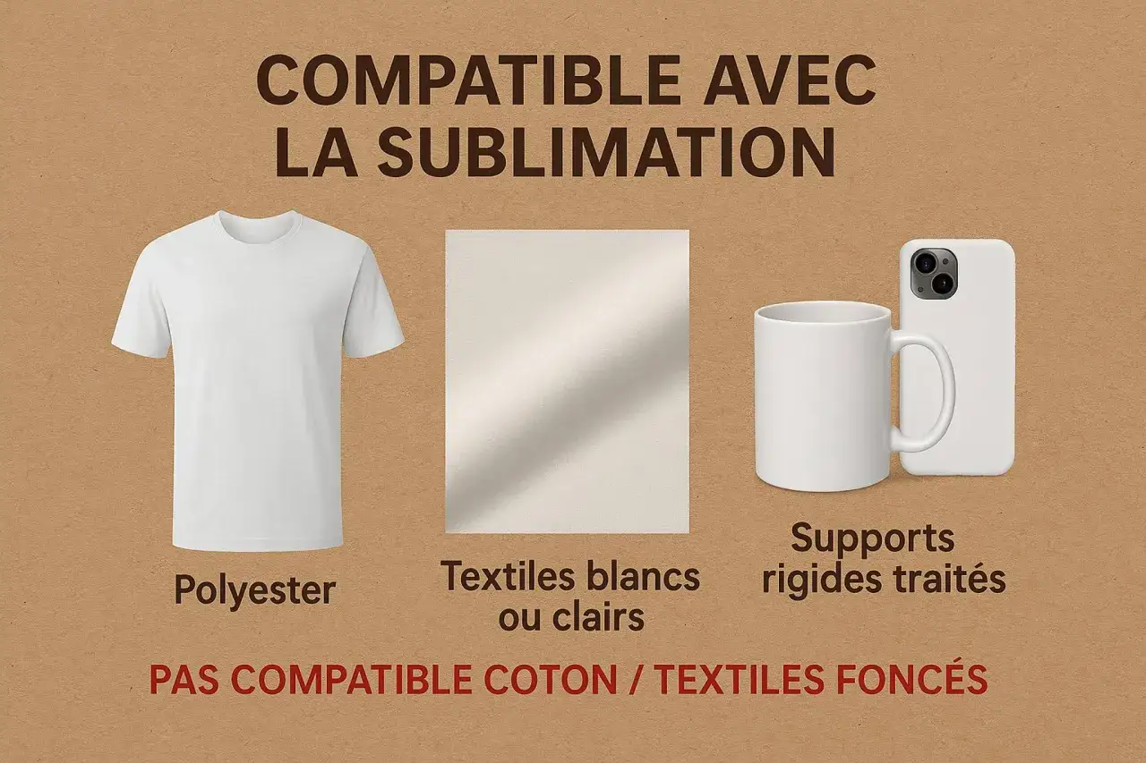 Impression sublimation sur polyester, textiles clairs et supports rigides trait&eacute;s. Pas pour coton ou textiles fonc&eacute;s.
