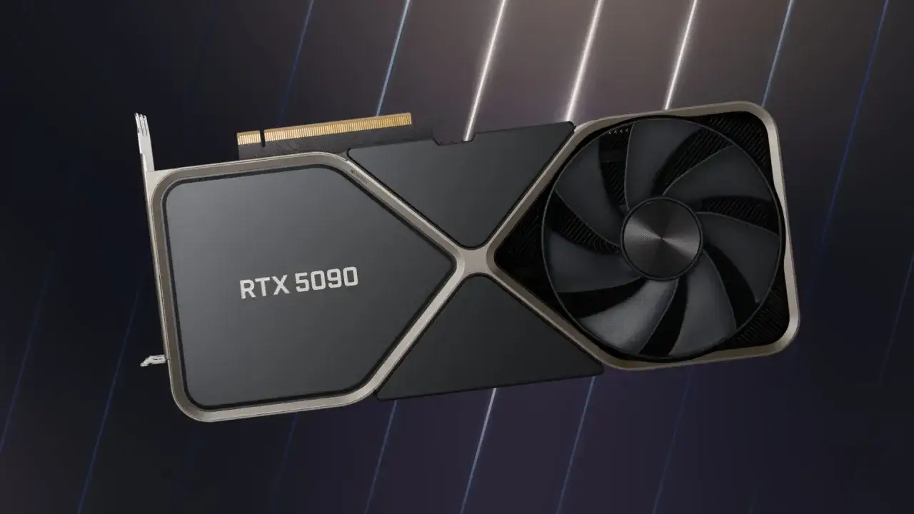 Die RTX 5090 Grafikkarte, bereit f&uuml;r den Release, mit ihrem markanten L&uuml;fter und dem Schriftzug.