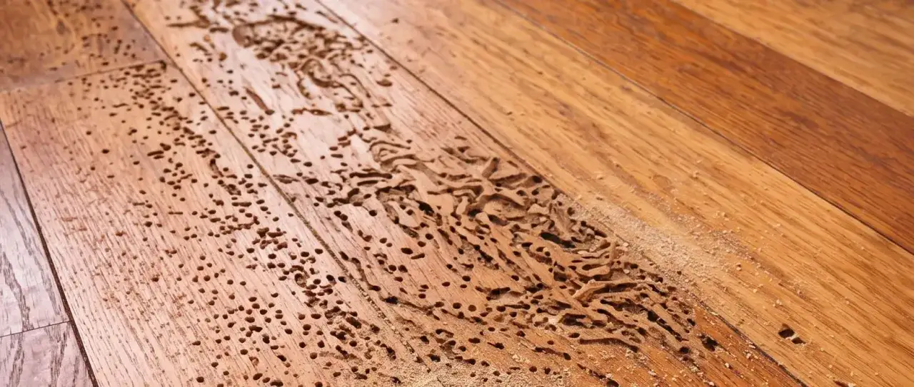 Pavimento in legno con gallerie e fori causati dalle tarme del legno.
