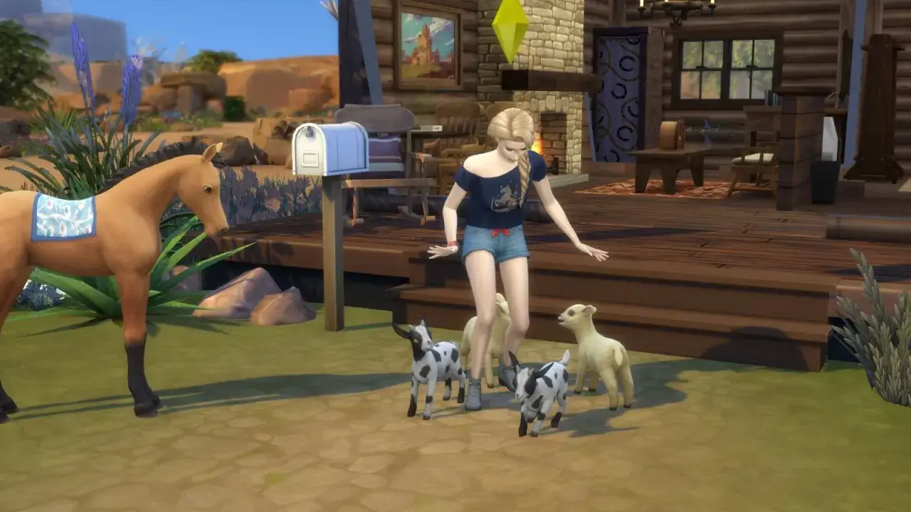 Dziewczyna w The Sims 4 karmi kozy, a obok stoi koń.