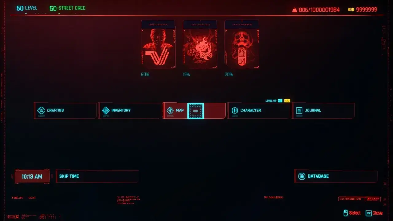 Menu gry Cyberpunk 2077 z opcjami Crafting, Inventory, Map, Character, Journal. Widać też ikony i postępy w grze, jakby z użyciem cyberpunk 2077 trainer.