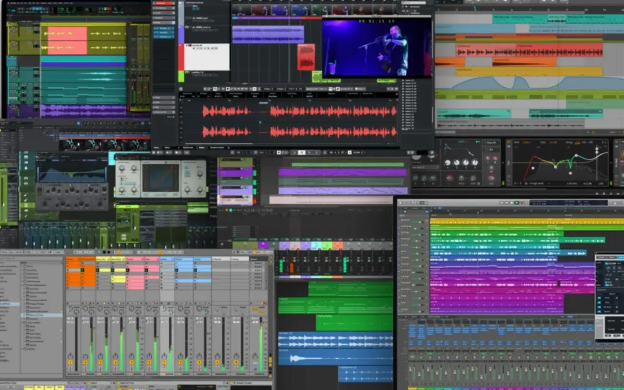Viele bunte Spuren in DAWs (Digital Audio Workstations) unter Windows, die Musikproduktion zeigen.
