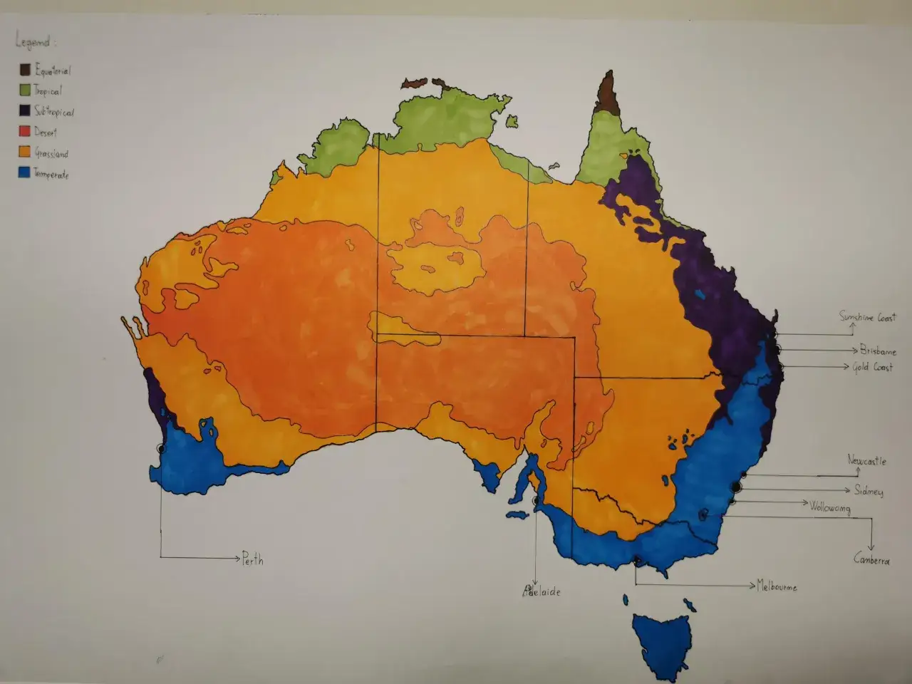 Klimatkarta &ouml;ver Australien som visar fakta om Australiens olika klimatzoner: &ouml;ken, gr&auml;smark, subtropiskt, tropiskt och tempererat.