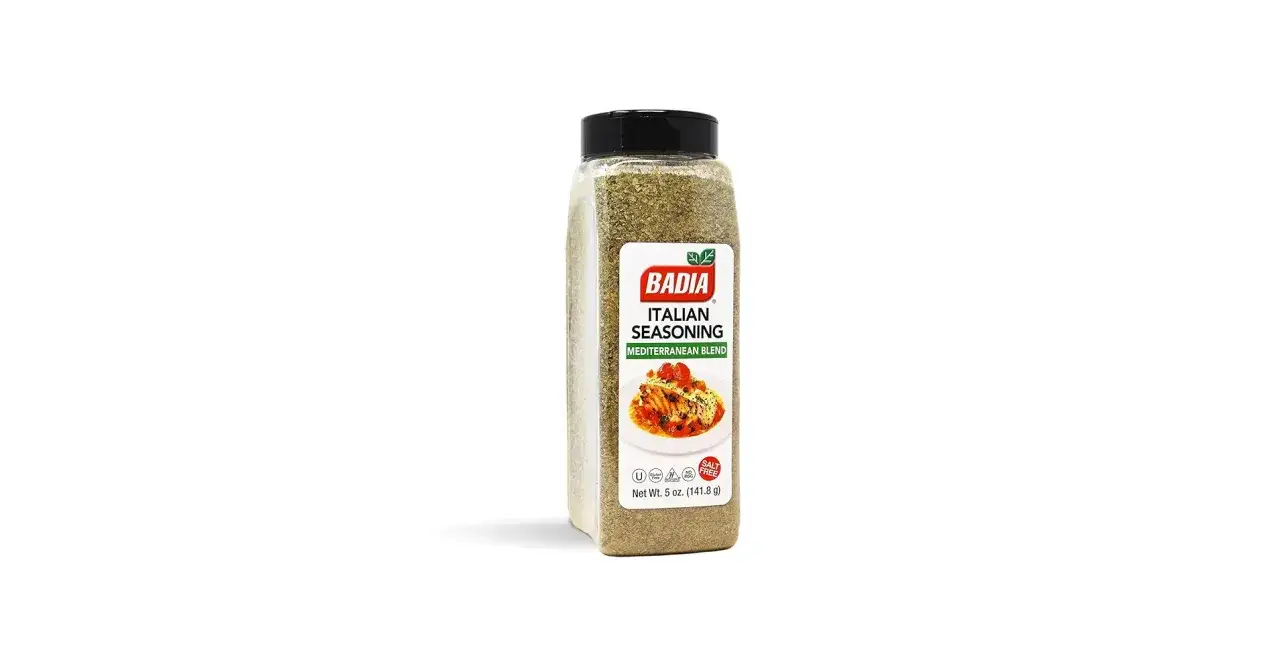 Botella de condimento italiano Badia, mezcla mediterránea, ideal para dar sabor a tus platos.