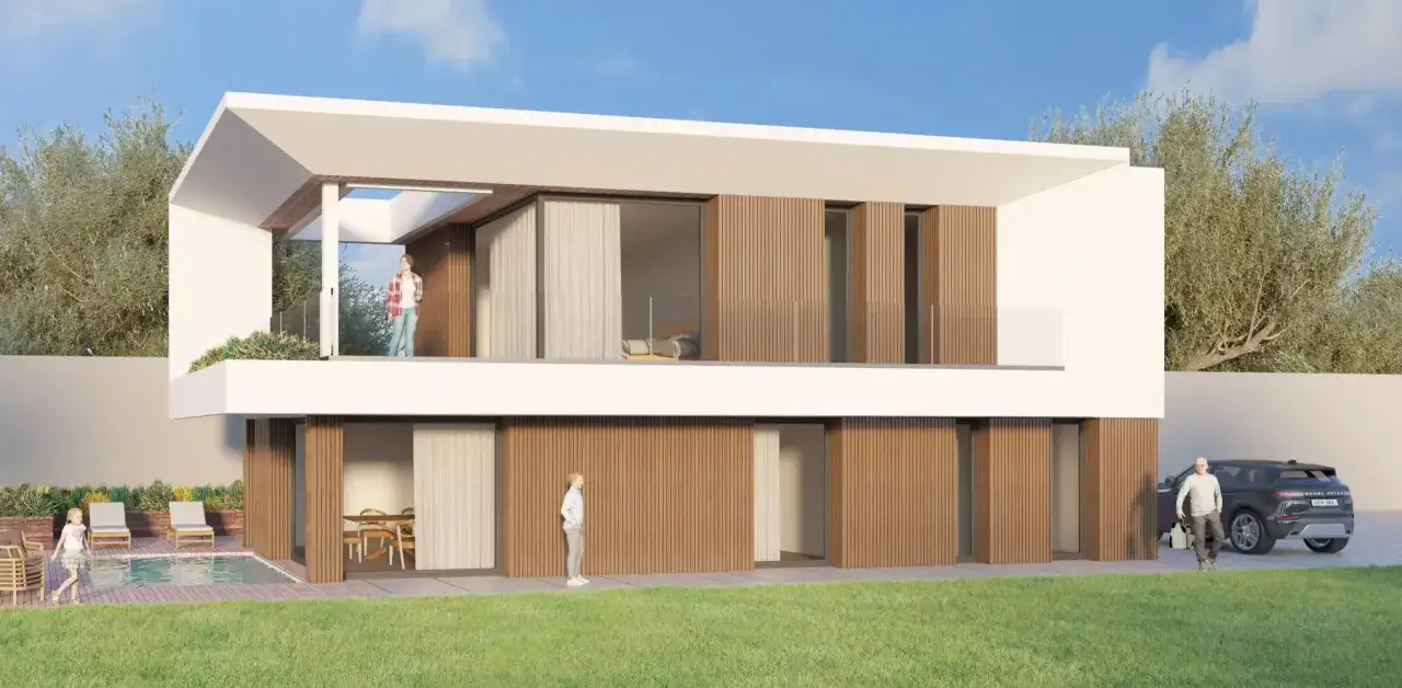 Moderna casa passiva con piscina, giardino e auto. Famiglia che si gode il sole.
