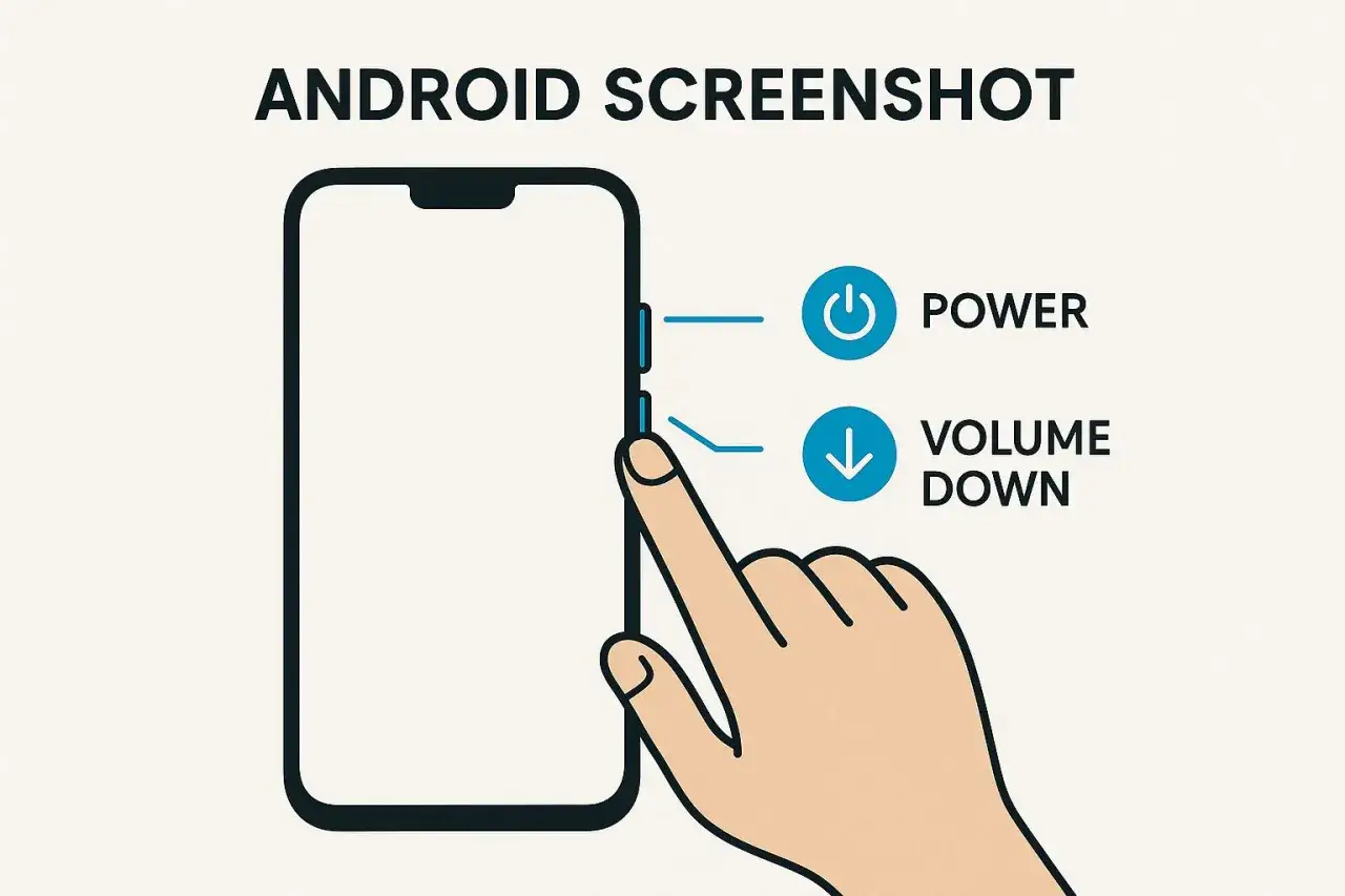 Zrzut ekranu z instrukcją, jak zrobić zrzut ekranu na Androidzie: naciśnij jednocześnie przycisk zasilania i przycisk zmniejszania głośności.