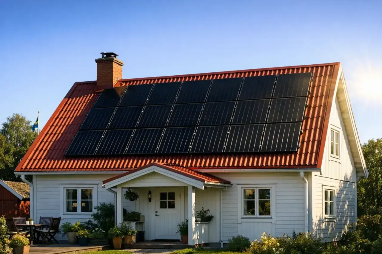 Vitt hus med r&ouml;da tegeltak och solpaneler. En svensk flagga syns i bakgrunden. Att optimera solceller ger ren energi.