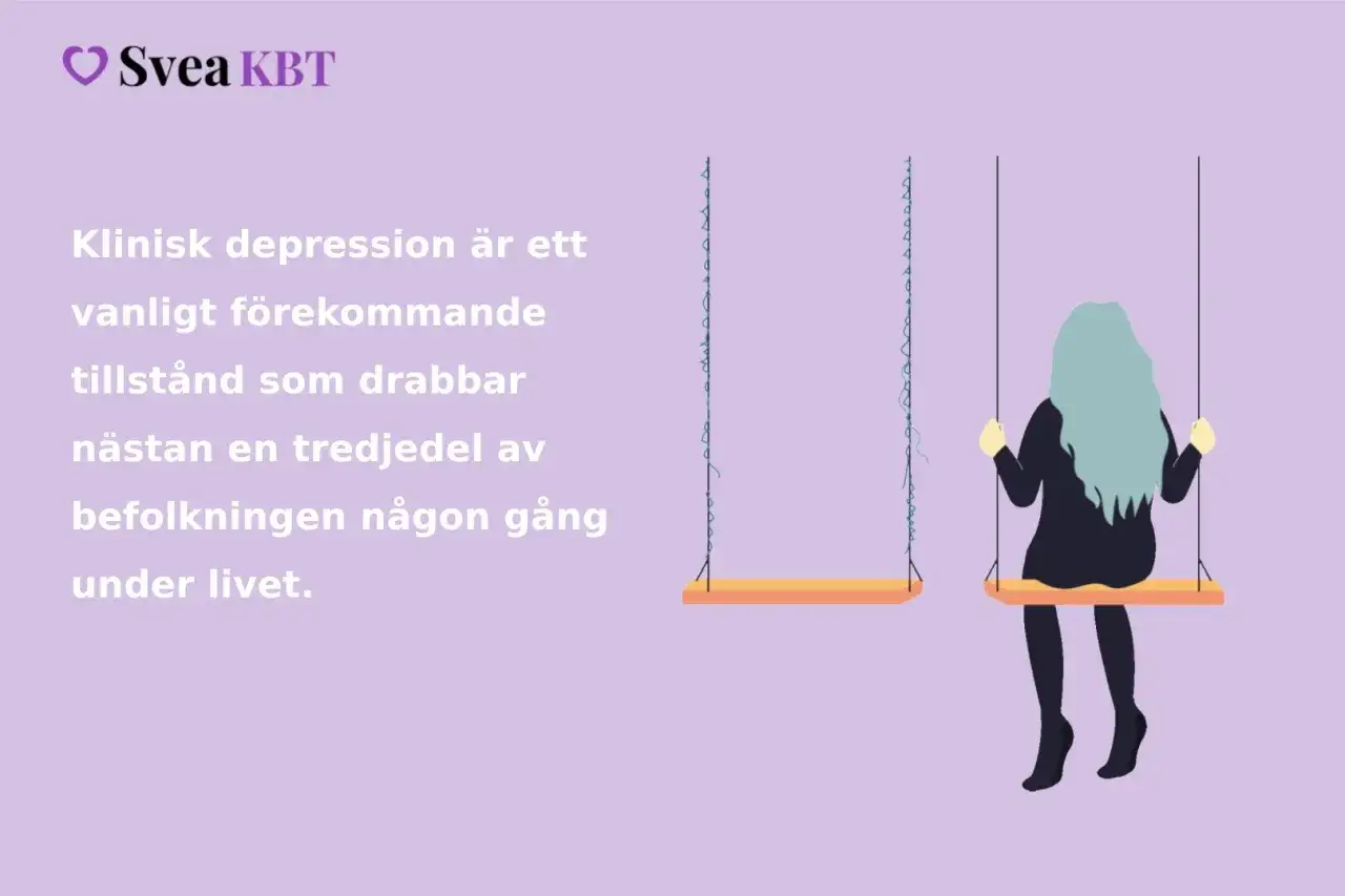 En person sitter ensam på en gunga, medan en annan gunga är tom. Texten nämner klinisk depression. Kanske dags för ett depression test gratis?