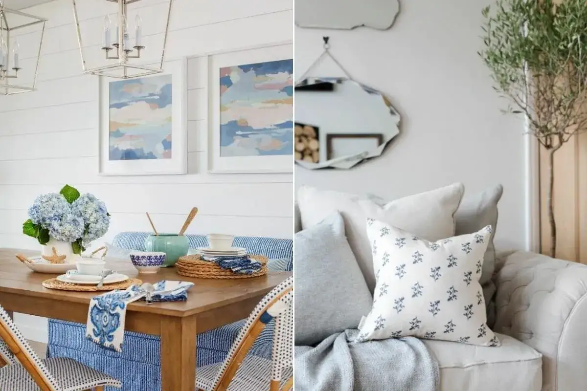 A dining table set for a coastal grandma, with blue hydrangeas and artwork. A cozy living room with plush pillows and a throw blanket.