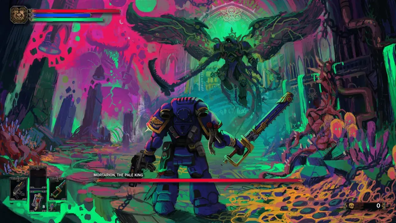Un marine espacial de Warhammer 40,000 se enfrenta a Mortarion, el Rey Pálido, en un paisaje caótico y vibrante.