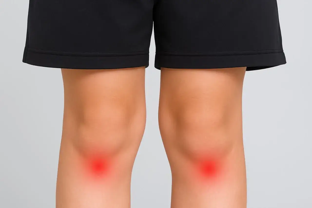 Dziecko w czarnych spodenkach z czerwonymi plamami bólu na kolanach, wskazującymi na osgood schlatter.
