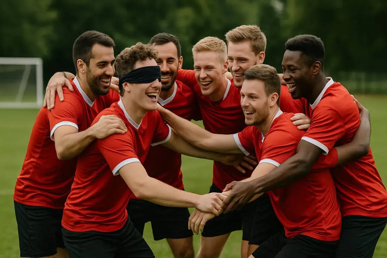 Fußballteam im Kreis, einer mit verbundenen Augen. Sie lachen und umarmen sich, als würden sie die Aufgaben des Mannschaftsrats besprechen.