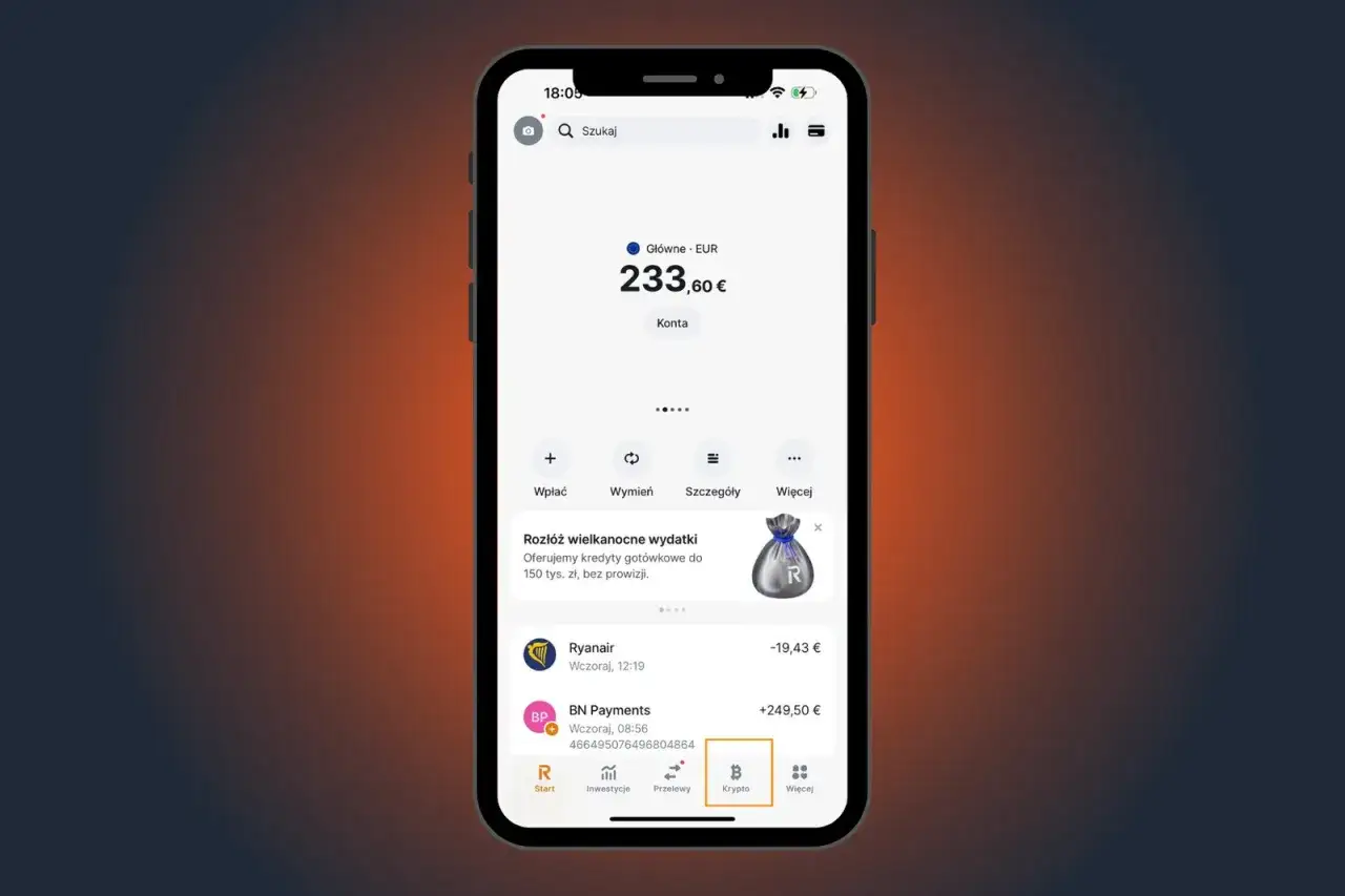 Aplikacja Revolut pokazuje saldo 233,60 EUR. Widoczna jest opcja 