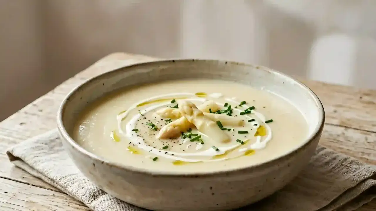 Un délicieux velouté d'asperges, garni de crème, de ciboulette et d'asperges blanches.