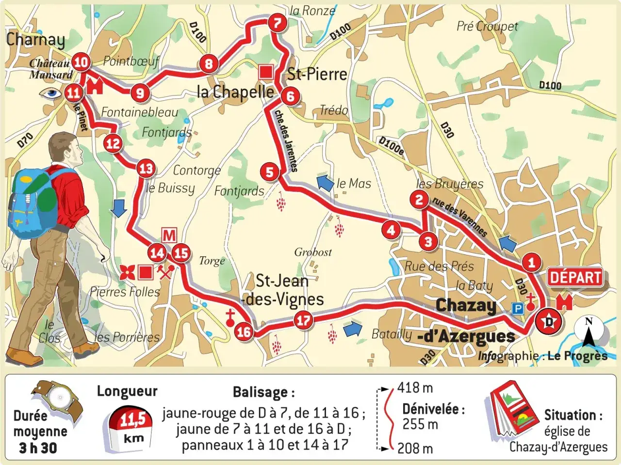 Carte de randonn&eacute;e des pierres dor&eacute;es, avec un sentier balis&eacute; en rouge et des points d'int&eacute;r&ecirc;t num&eacute;rot&eacute;s.