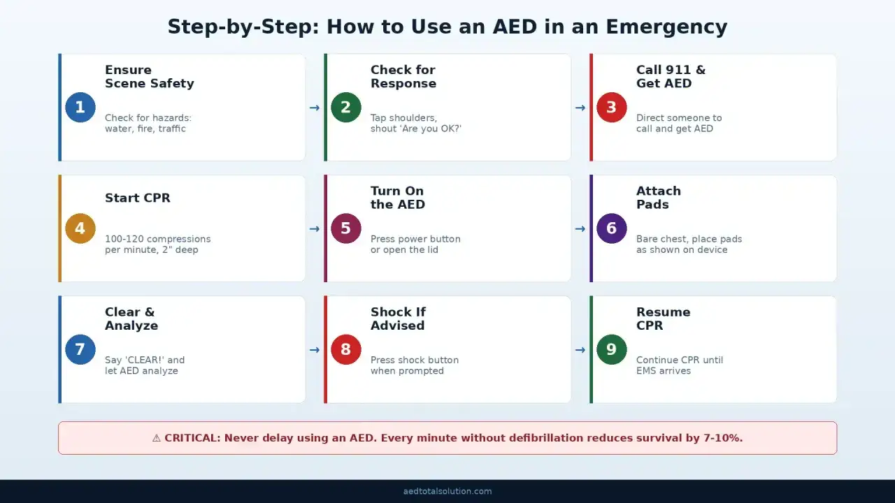 Schritt-f&uuml;r-Schritt-Anleitung zur Nutzung eines AED im Notfall. Wichtige Schritte wie Sicherheit, CPR, Anruf 112, AED einschalten, Pads anbringen und Schockabgabe. Ein AED-Einsatz kann Leben retten.