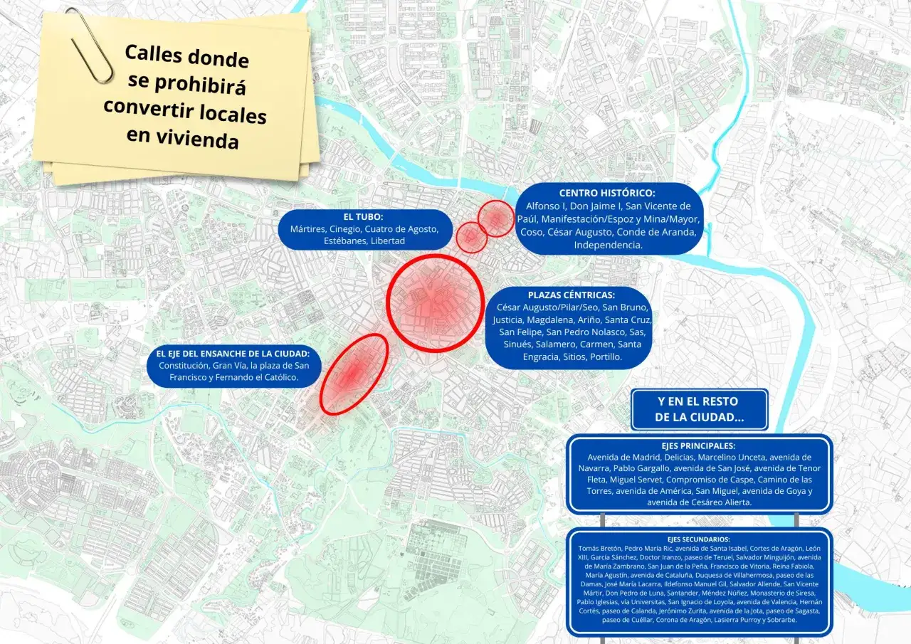 Mapa de Zaragoza se&ntilde;alando zonas con cambios de uso, donde se proh&iacute;be convertir locales en vivienda.