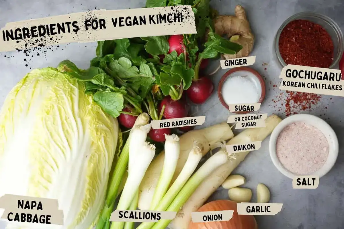 Zutaten f&uuml;r veganes Kimchi ohne Fischsauce: Chinakohl, Radieschen, Daikon, Fr&uuml;hlingszwiebeln, Ingwer, Knoblauch, Zwiebel, Gochugaru, Zucker & Salz.