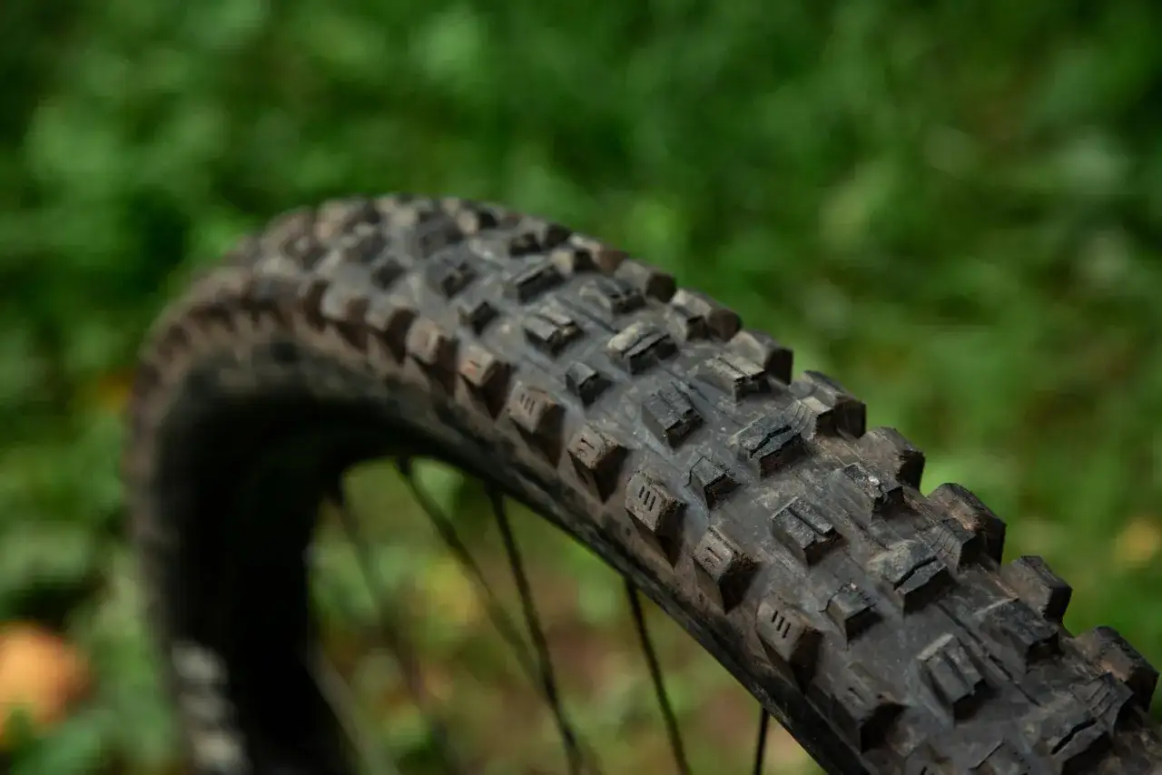 Close-up of a knobby Maxxis Assegai tire, ready for a trail review. Its aggressive tread promises grip on challenging terrain.