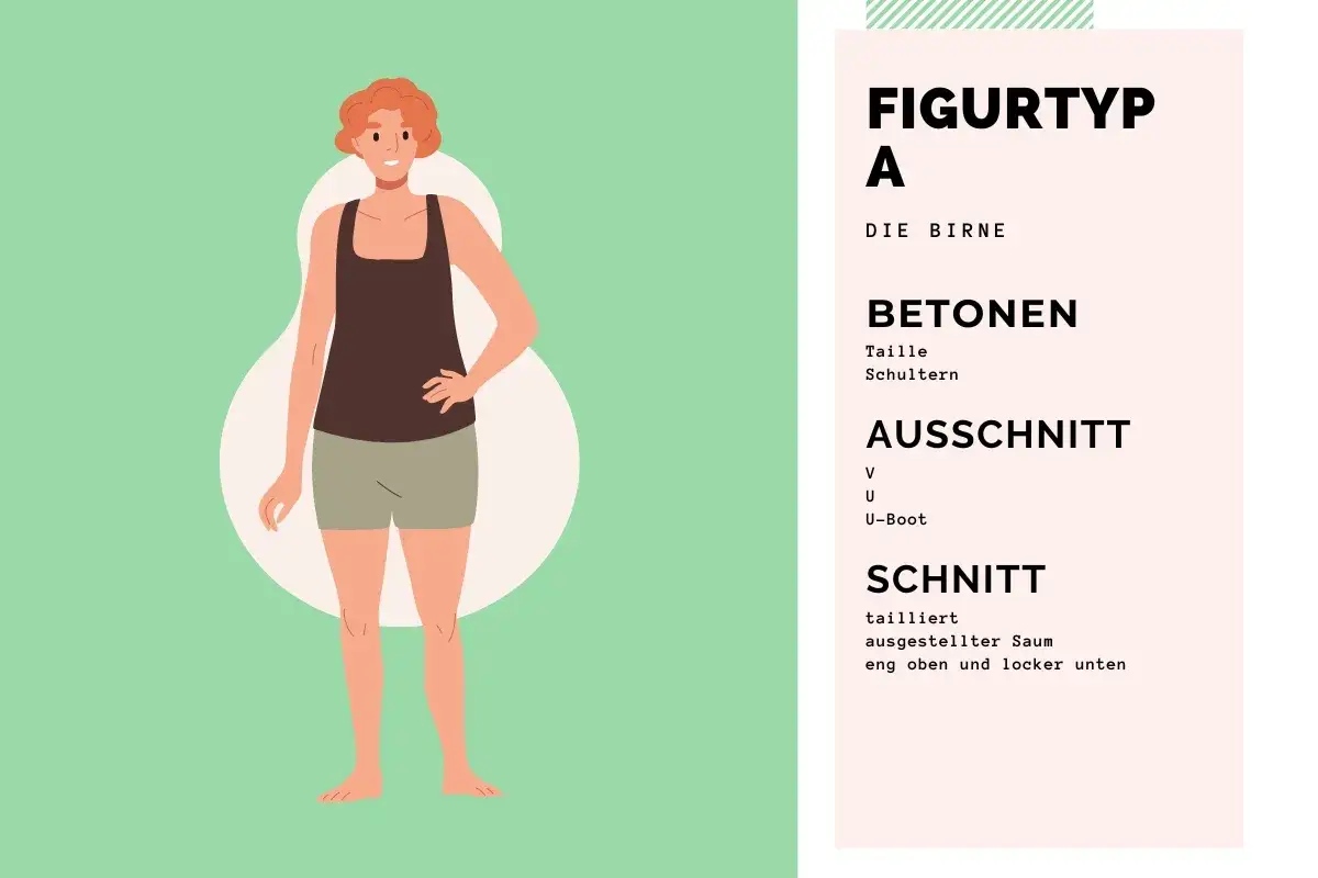 Figurtyp A, die Birne, betont Taille & Schultern. Ausschnitt V, U, U-Boot. Schnitt: tailliert, ausgestellter Saum, eng oben, locker unten.