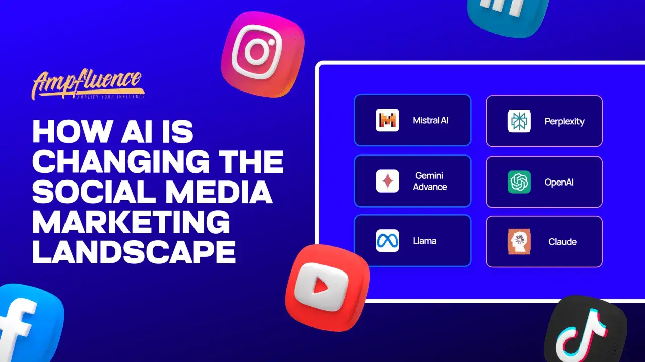 KI ver&auml;ndert Social Media Marketing. Logos von Instagram, YouTube, Facebook, TikTok und KI-Tools wie Mistral AI, OpenAI, Claude zeigen die digitale Entwicklung.