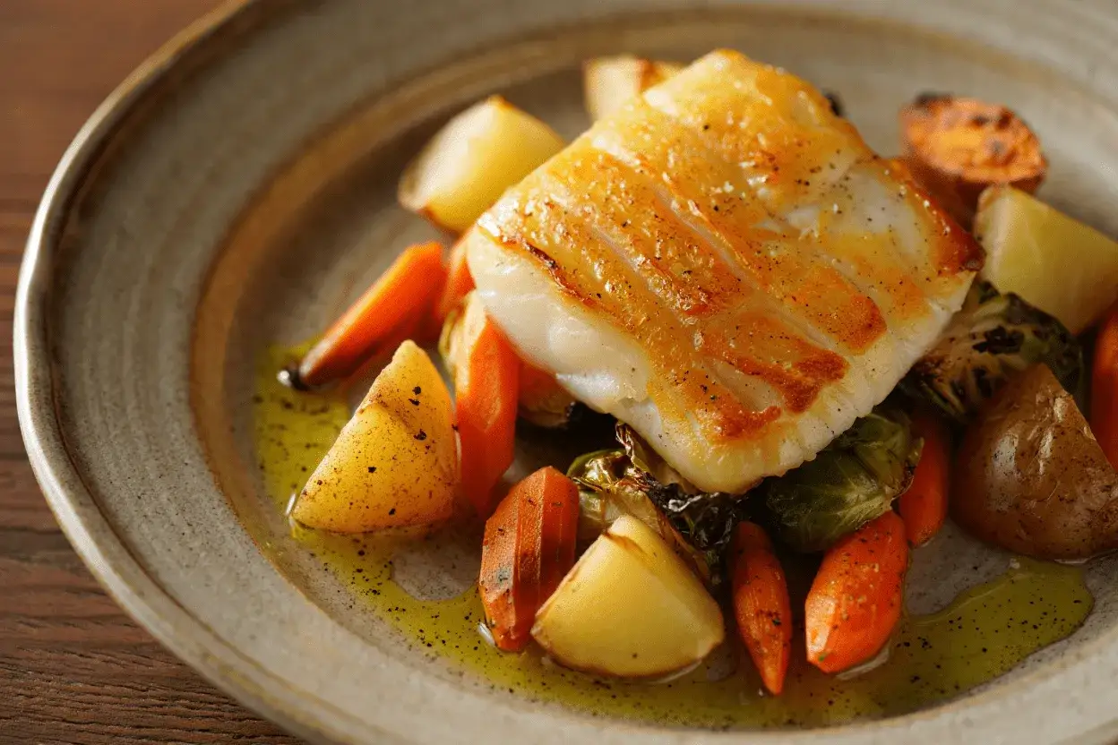 Filete de bacalao dorado con patatas y zanahorias asadas, una deliciosa forma de como hacer bacalao.