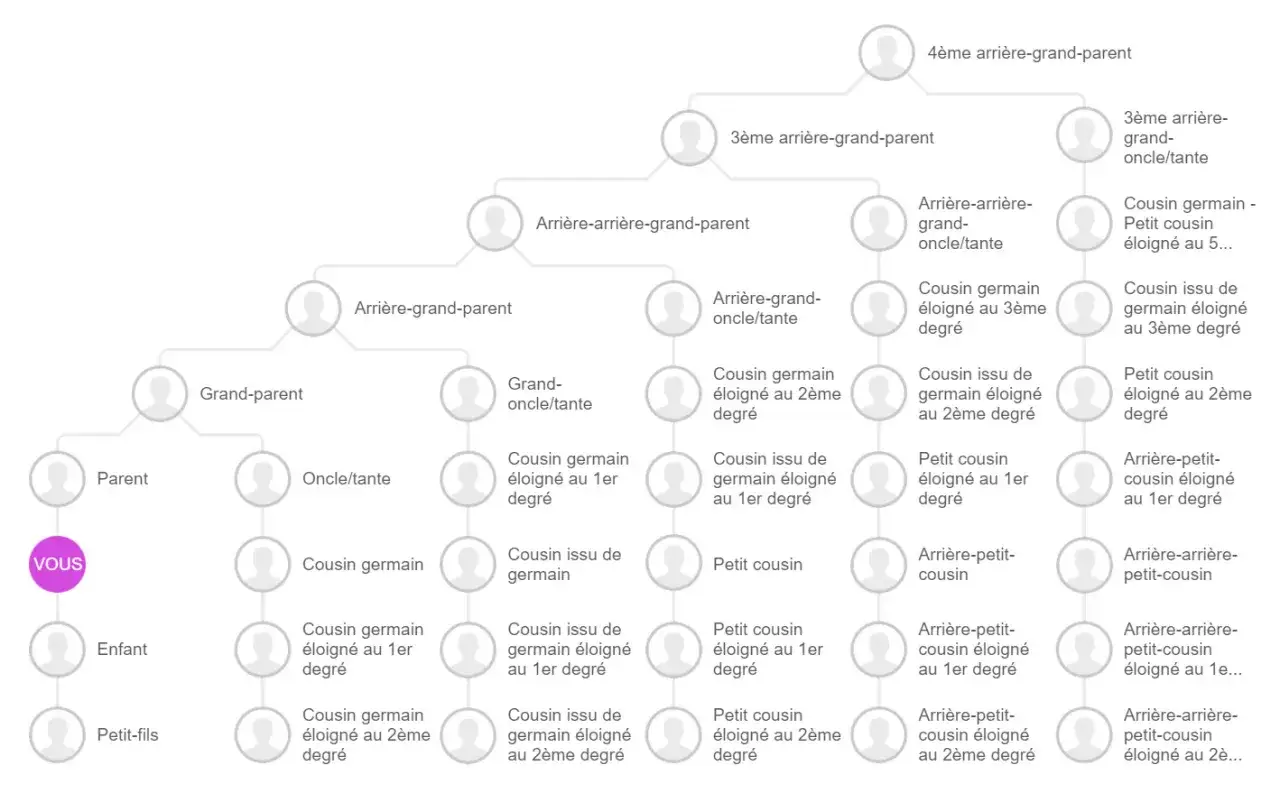 Arbre g&eacute;n&eacute;alogique montrant les liens familiaux. Le fils de ma cousine est un cousin issu de germain &eacute;loign&eacute; au 1er degr&eacute;.