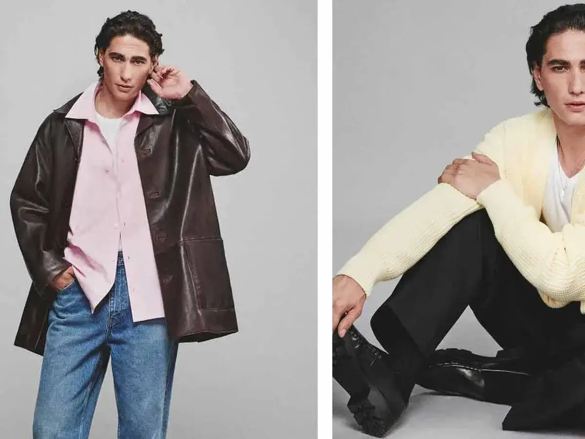 Enzo Vogrincic posa con chaqueta de cuero y camisa rosa, y luego con c&aacute;rdigan amarillo y pantalones negros.