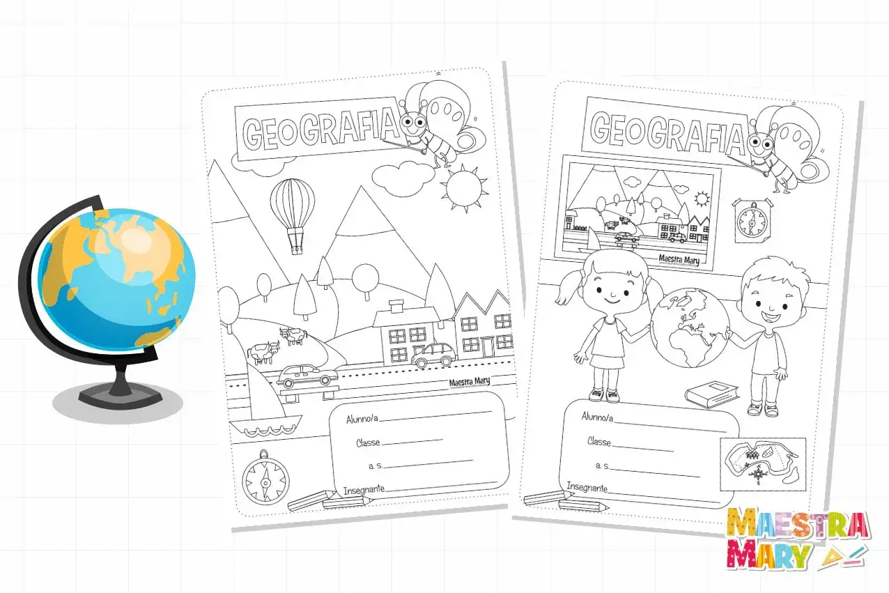 Copertina geografia classe seconda con disegni di bambini, globi, case e paesaggi.