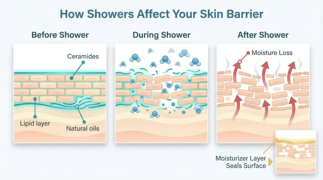 Ilustración muestra cómo la ducha afecta la barrera cutánea, con capas de ceramidas y aceites naturales antes, durante y después. Esencial para entender la piel atópica.