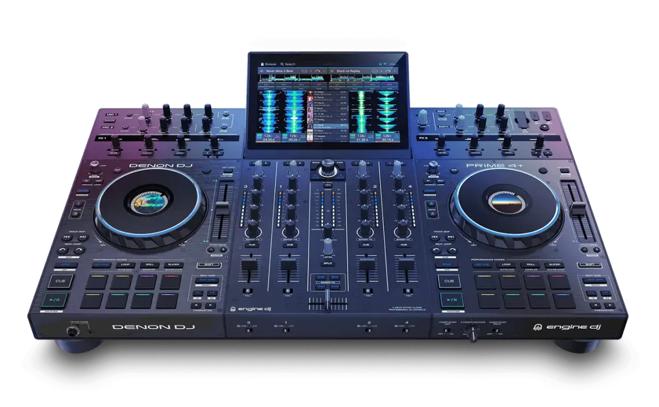 Profesjonalny kontroler DJ-ski Denon DJ PRIME 4+ z ekranem dotykowym i podświetlanymi padami.