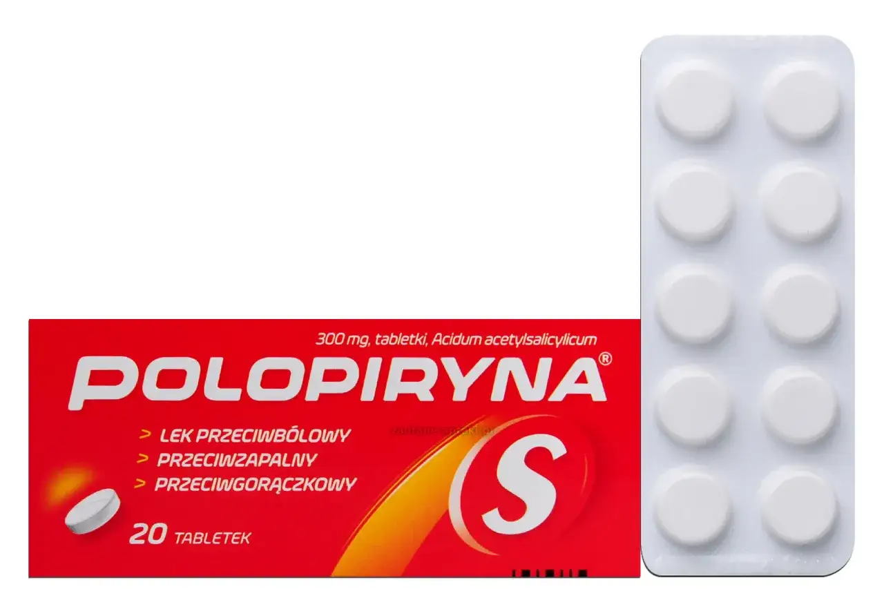Opakowanie Polopiryny S, leku przeciwbólowego, przeciwzapalnego i przeciwgorączkowego, zawiera 20 tabletek. Obok znajduje się blister z ośmioma tabletkami.