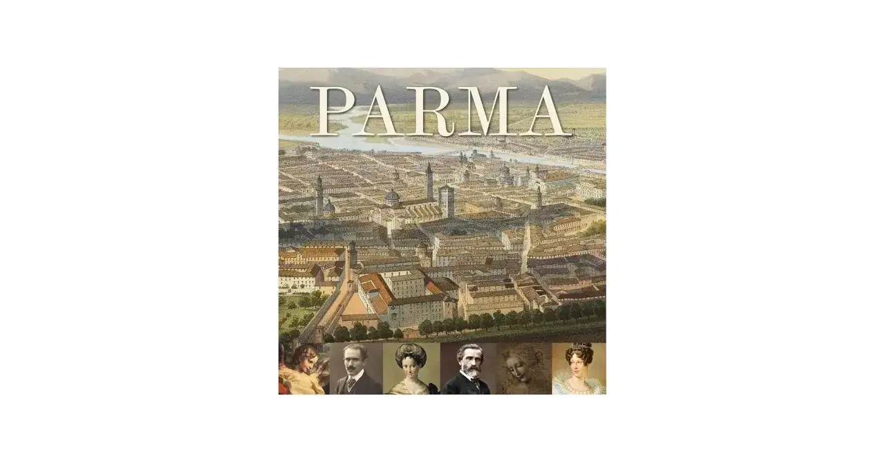 Un'antica veduta di Parma, con ritratti di personaggi storici, invita a visitare Parma e scoprire la sua ricca storia.