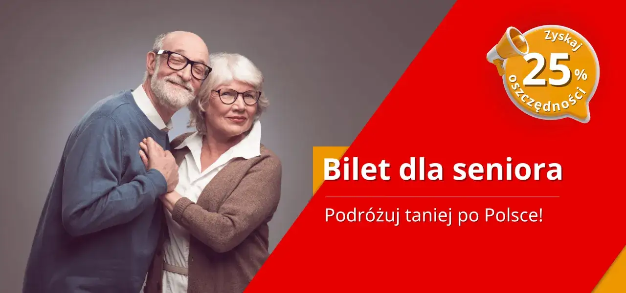 Uśmiechnięta para seniorów, podróżuj taniej po Polsce! Zniżka 25% na bilety PKP dla emerytów.