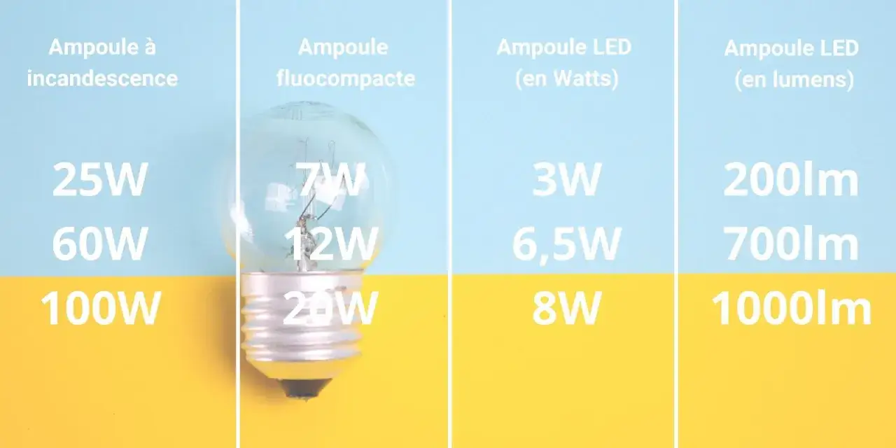 Comparaison ampoule LED vs incandescence : les avantages et inconv&eacute;nients se voient dans la consommation (Watts) et la luminosit&eacute; (lumens).
