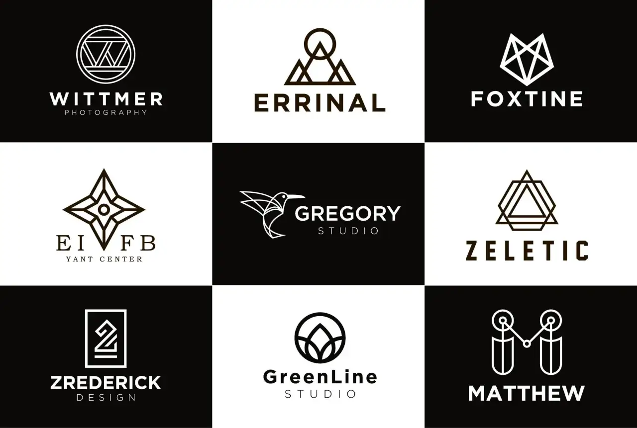 Kolekcja nowoczesnych logotypów: Wittmer Photography, Erfinal, Foxtine, Yant Center, Gregory Studio, Zeletic, Zrederick Design, GreenLine Studio, Matthew.